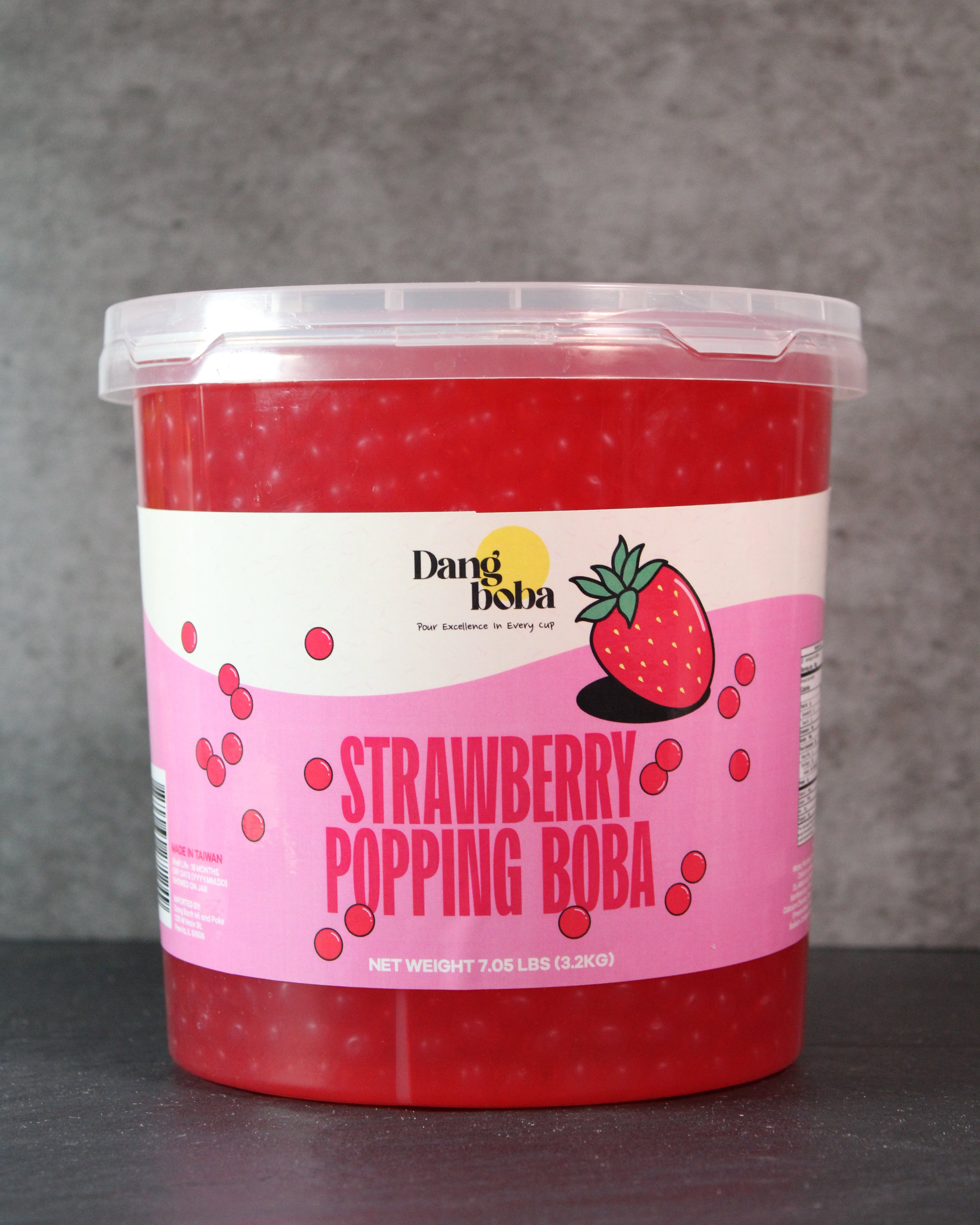 Juicy strawberry flavored popping boba for bubble tea.